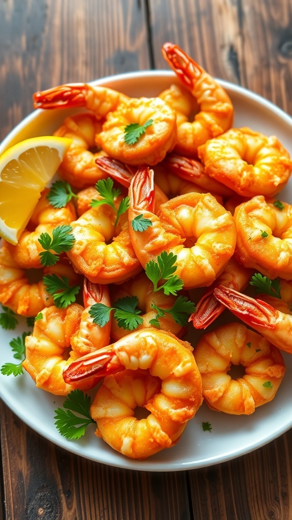 Crispy Air Fryer Shrimp Recipe Crispy air fryer shrimp garnished with parsley and lemon wedges on a rustic wooden table.